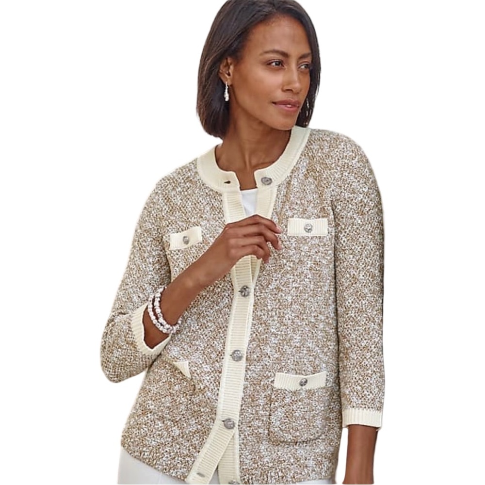 J. Jill Women’s Luxe Contrast Trimmed Knit Sweater‎ Jacket Beige Cream Large EUC